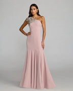 Pink Crepe One Shoulder Gown With Crystal Flower - Designer Collection