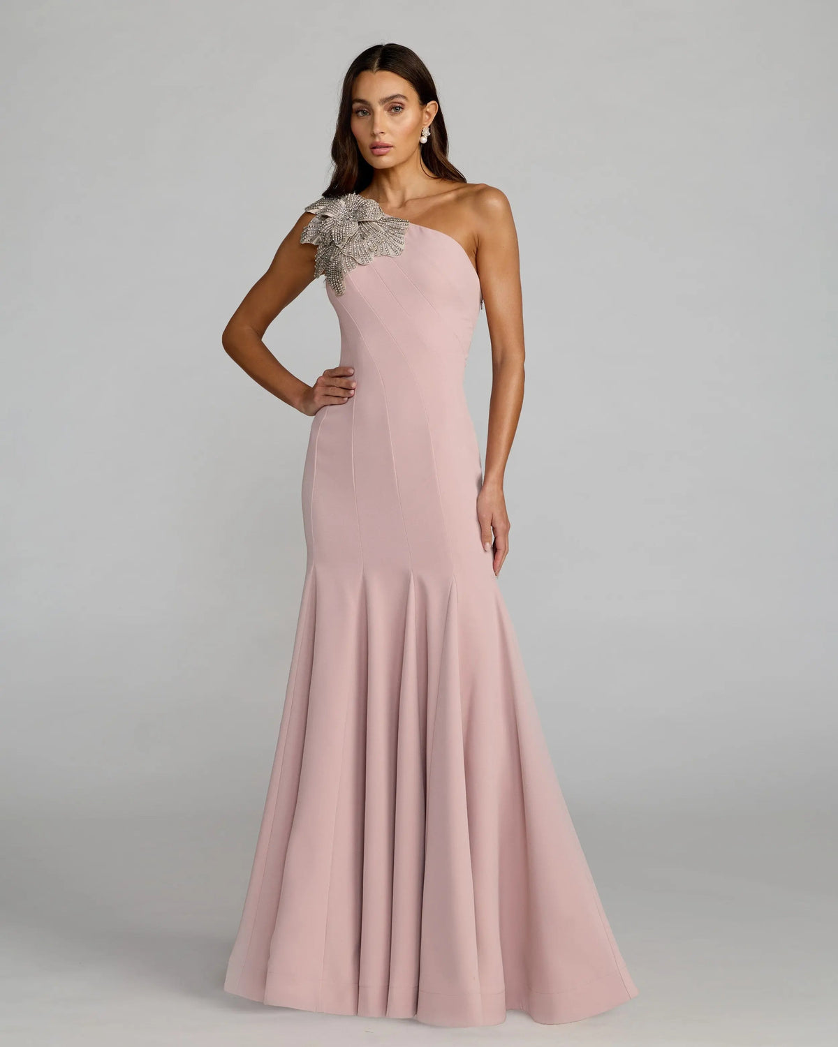 Pink Crepe One Shoulder Gown With Crystal Flower - Designer Collection