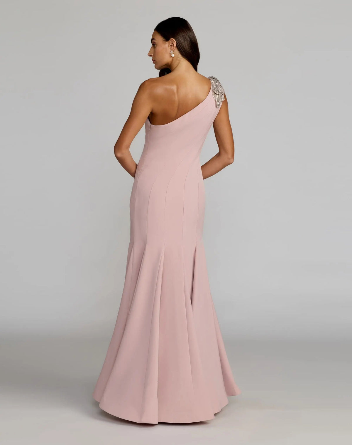 Pink Crepe One Shoulder Gown With Crystal Flower - Designer Collection