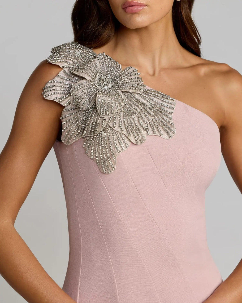 Pink Crepe One Shoulder Gown With Crystal Flower - Designer Collection