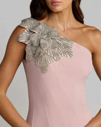 Pink Crepe One Shoulder Gown With Crystal Flower - Designer Collection