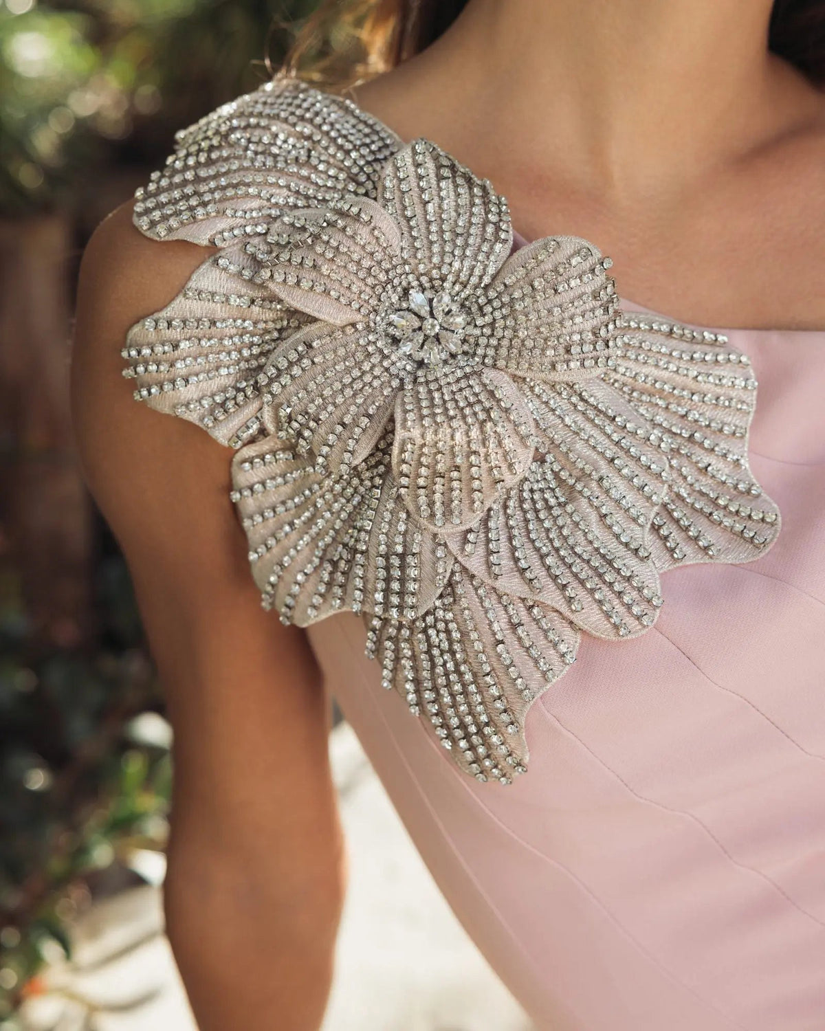 Pink Crepe One Shoulder Gown With Crystal Flower - Designer Collection