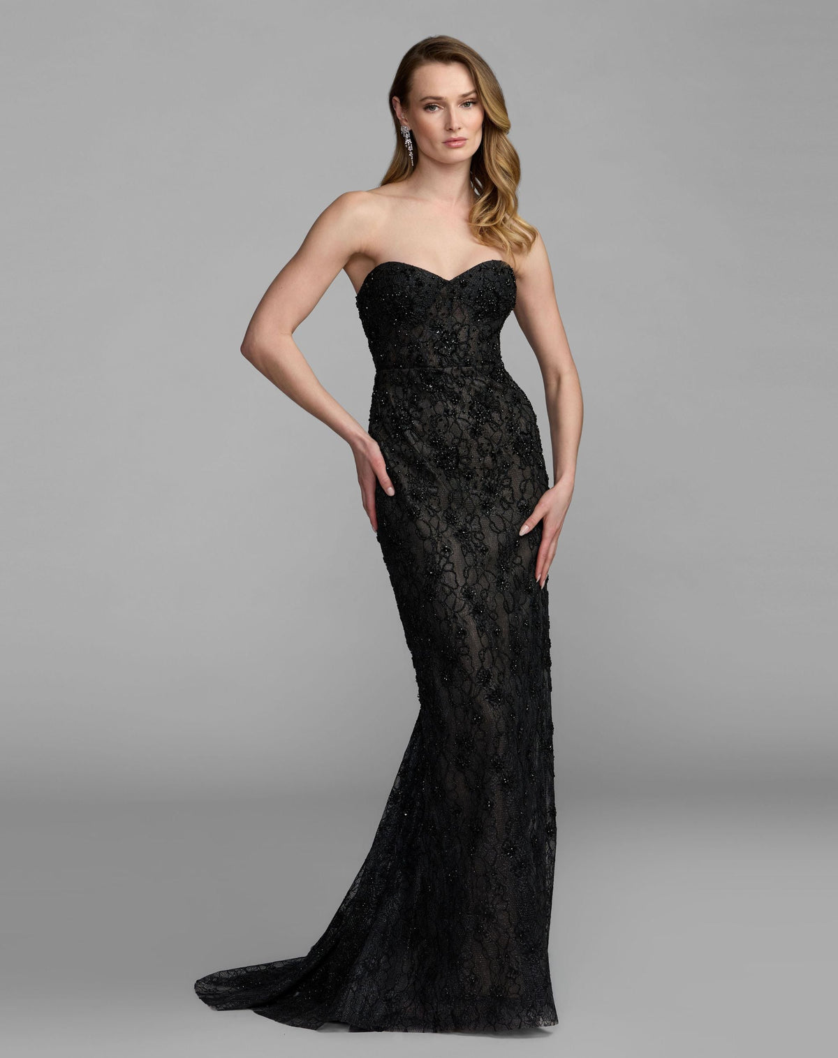 Black Embellished Strapless Bustier Gown With Sweeping Train - Designer Collection
