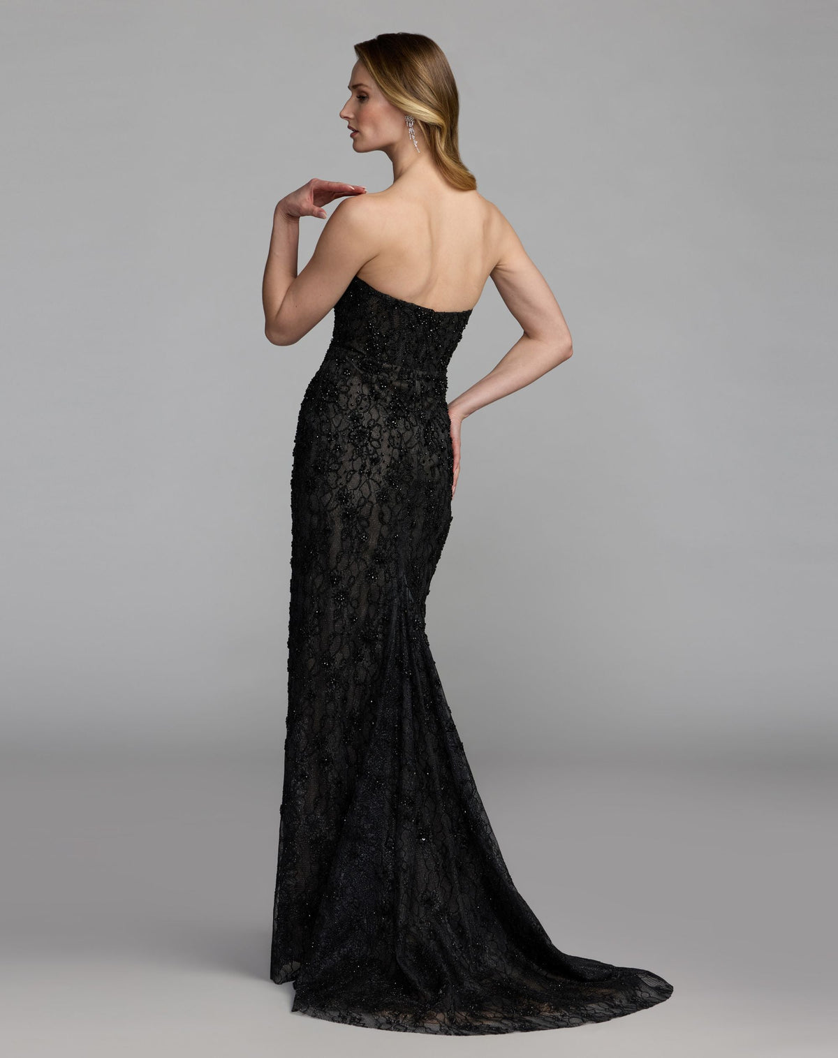 Black Embellished Strapless Bustier Gown With Sweeping Train - Designer Collection