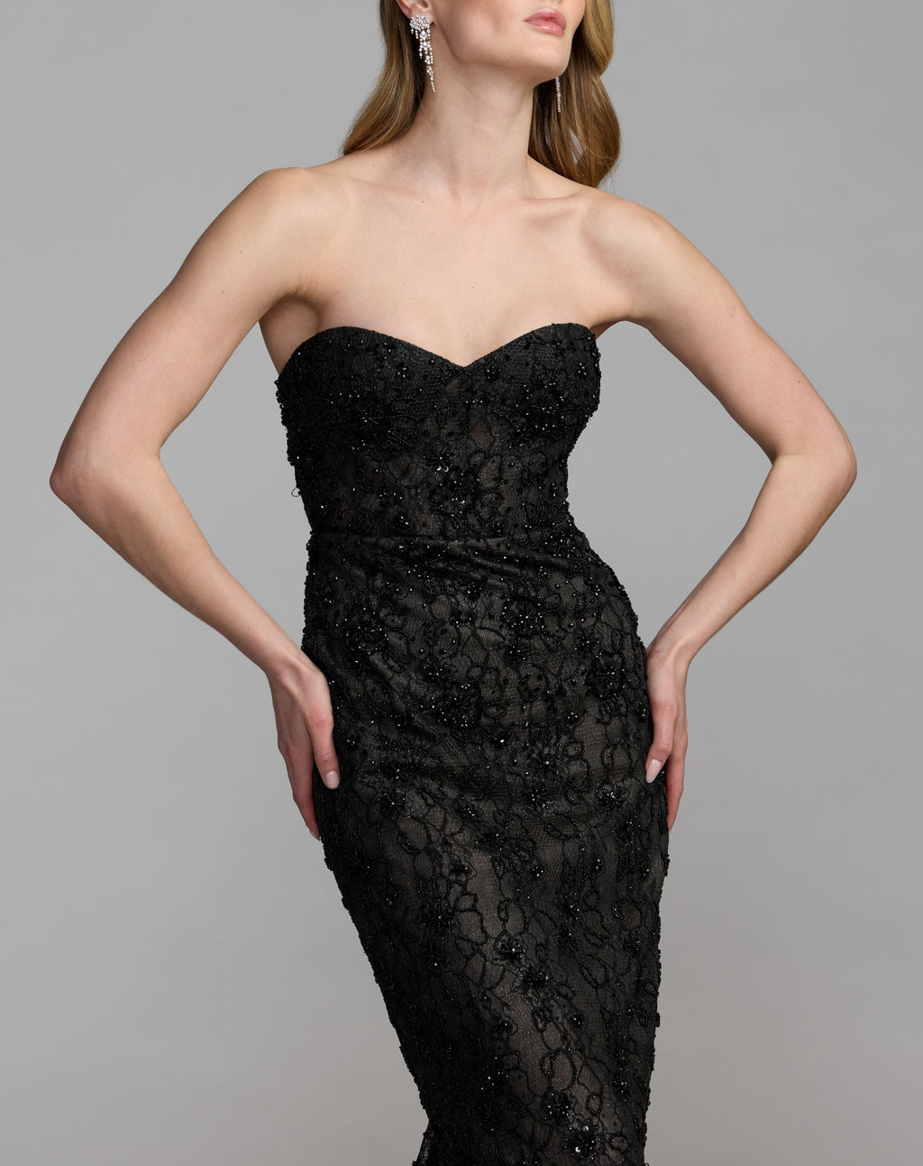 Black Embellished Strapless Bustier Gown With Sweeping Train - Designer Collection