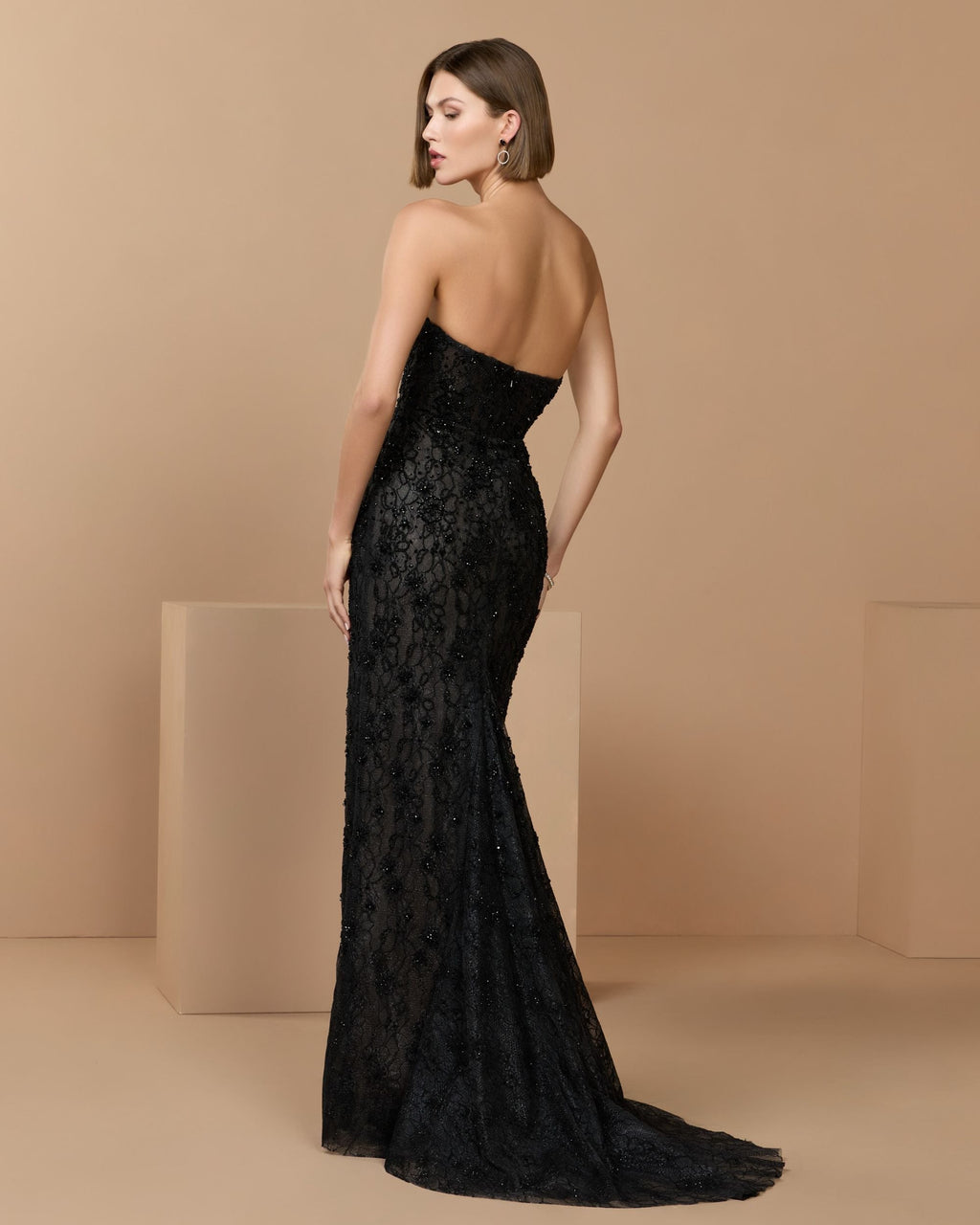 Black Embellished Strapless Bustier Gown With Sweeping Train - Designer Collection