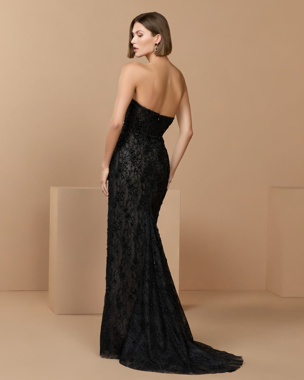 Black Embellished Strapless Bustier Gown With Sweeping Train - Designer Collection