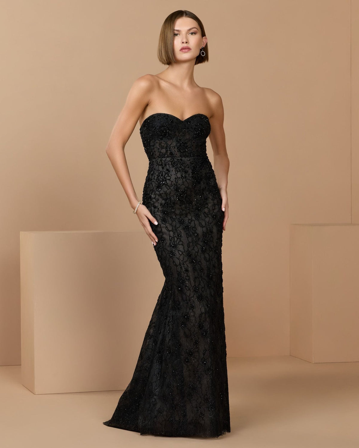 Black Embellished Strapless Bustier Gown With Sweeping Train - Designer Collection