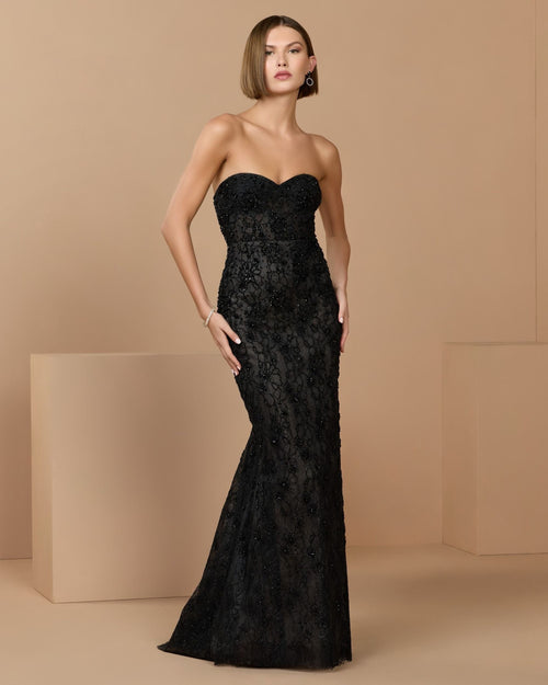 Black Embellished Strapless Bustier Gown With Sweeping Train - Designer Collection