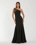 Black Crepe One Shoulder Mermaid Gown With Beading - Designer Collection