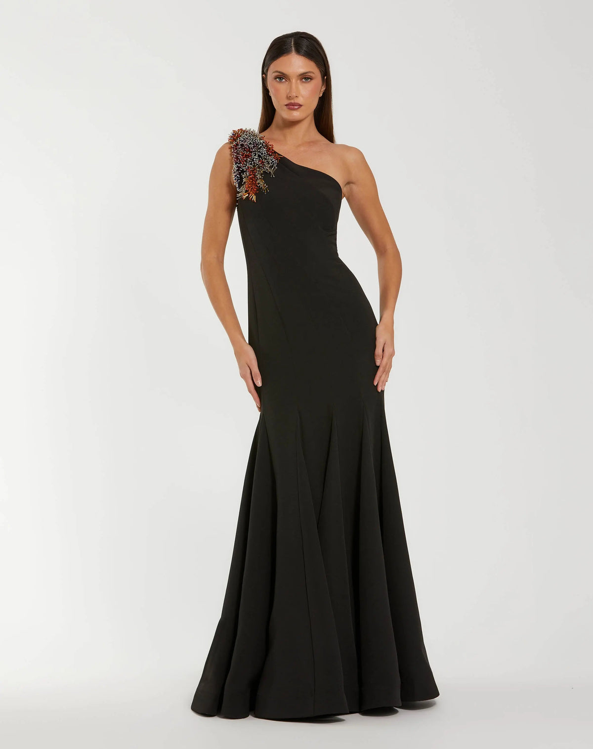 Black Crepe One Shoulder Mermaid Gown With Beading - Designer Collection