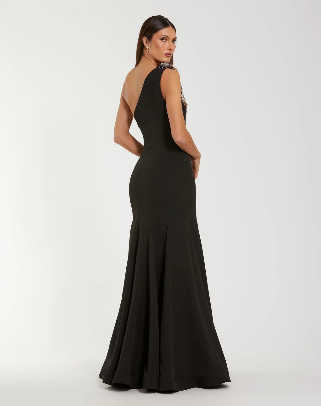 Black Crepe One Shoulder Mermaid Gown With Beading - Designer Collection