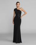Black Embroidered Jersey One Shoulder Gown with 3D Flower - Designer Collection