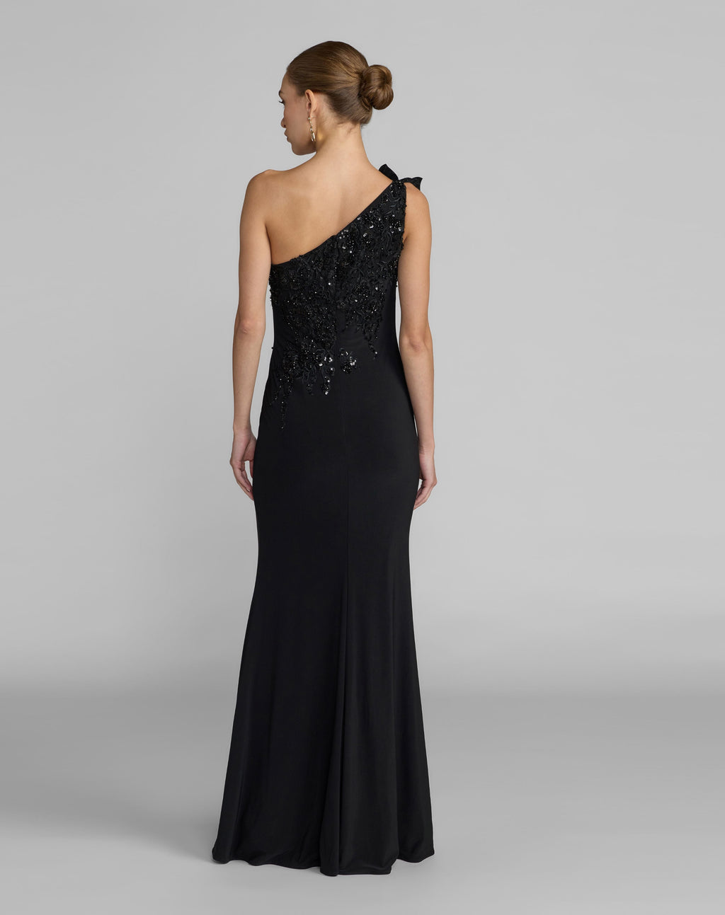 Black Embroidered Jersey One Shoulder Gown with 3D Flower - Designer Collection