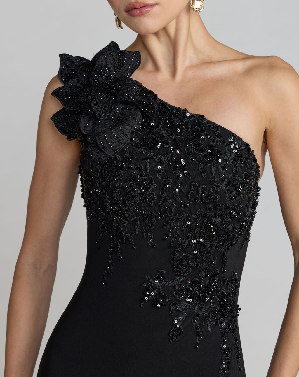 Black Embroidered Jersey One Shoulder Gown with 3D Flower - Designer Collection