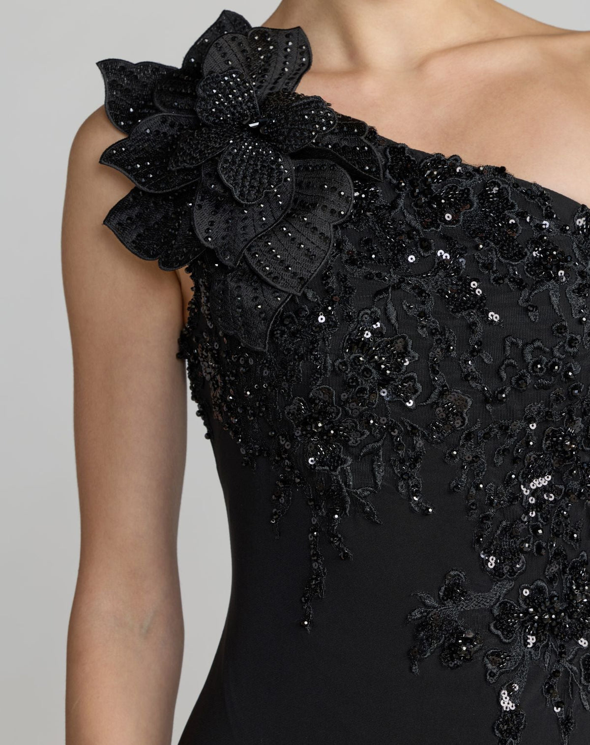 Black Embroidered Jersey One Shoulder Gown with 3D Flower - Designer Collection