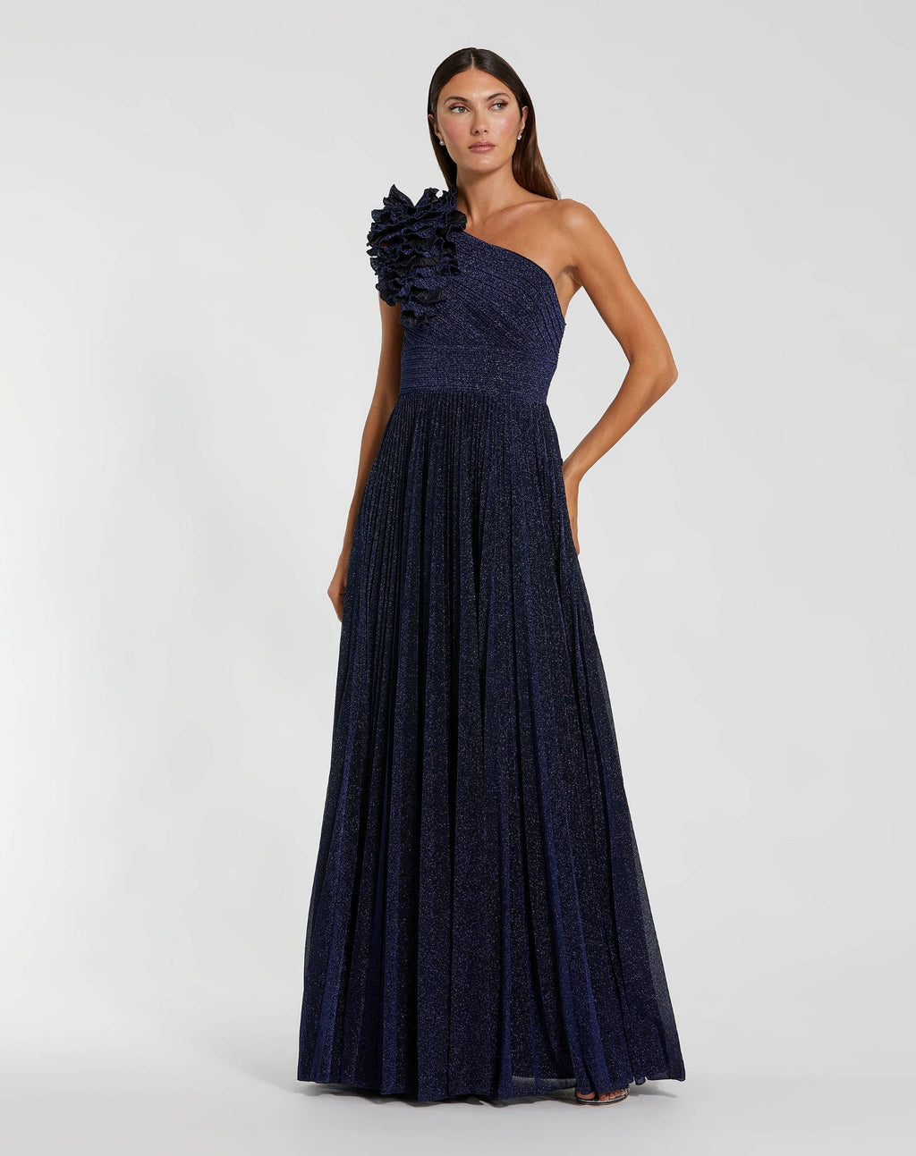 Navy Pleated One Shoulder Ruffle Gown - Contemporary Collection