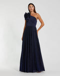 Navy Pleated One Shoulder Ruffle Gown - Contemporary Collection