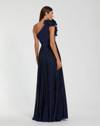 Navy Pleated One Shoulder Ruffle Gown - Contemporary Collection