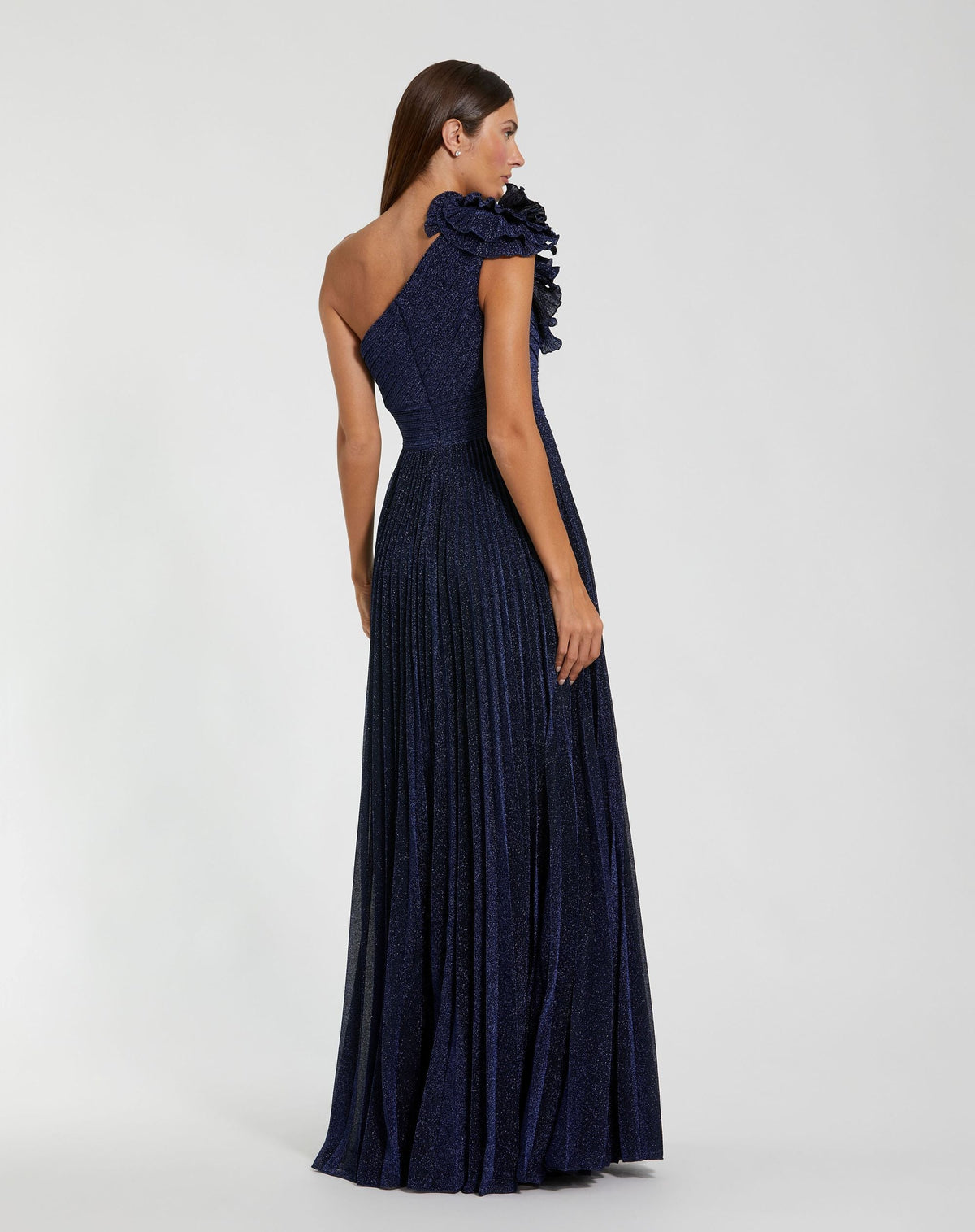 Navy Pleated One Shoulder Ruffle Gown - Contemporary Collection
