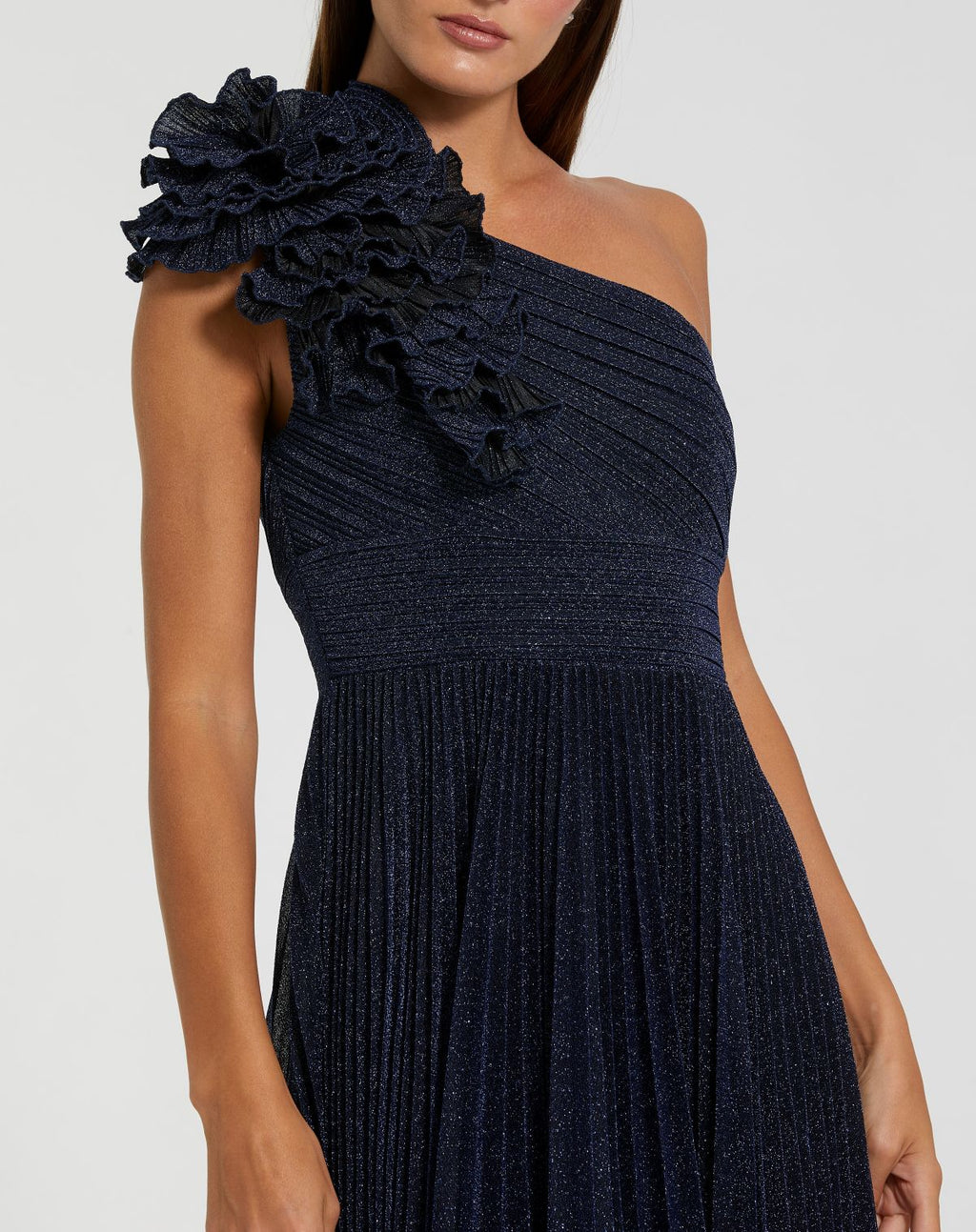 Navy Pleated One Shoulder Ruffle Gown - Contemporary Collection