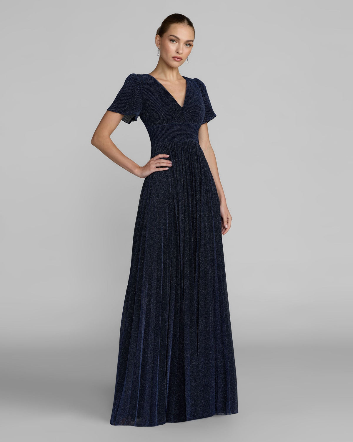 Navy Pleated Metallic Flutter Sleeve A Line Gown Contemporary Collection