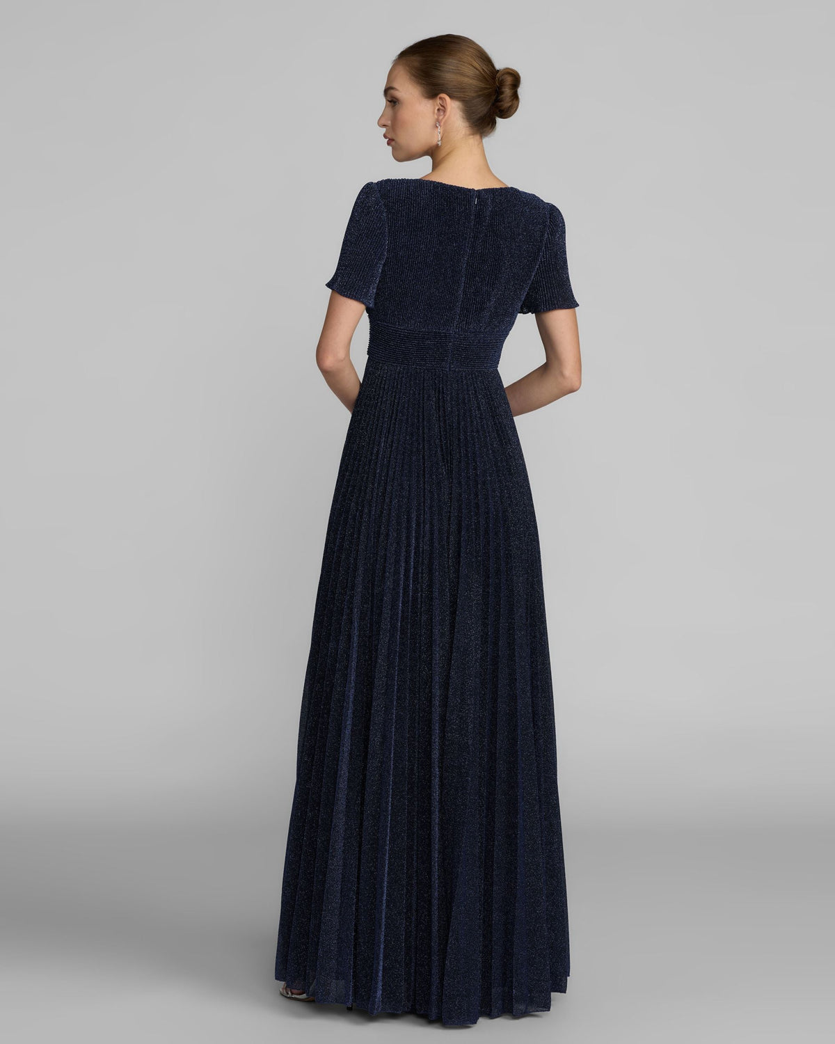 Navy Pleated Metallic Flutter Sleeve A Line Gown Contemporary Collection