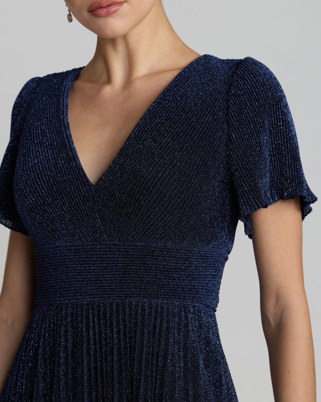 Navy Pleated Metallic Flutter Sleeve A Line Gown Contemporary Collection