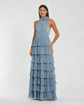 Blue Pleated Metallic Halter Neck Ruffle Gown With 3D Flower - Contemporary Collection