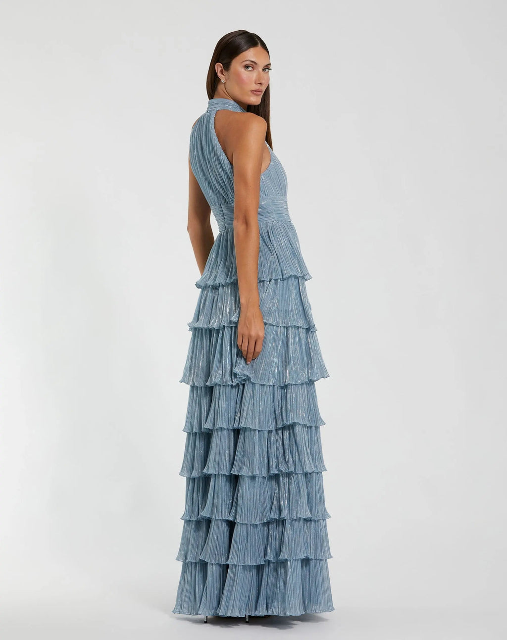 Blue Pleated Metallic Halter Neck Ruffle Gown With 3D Flower - Contemporary Collection