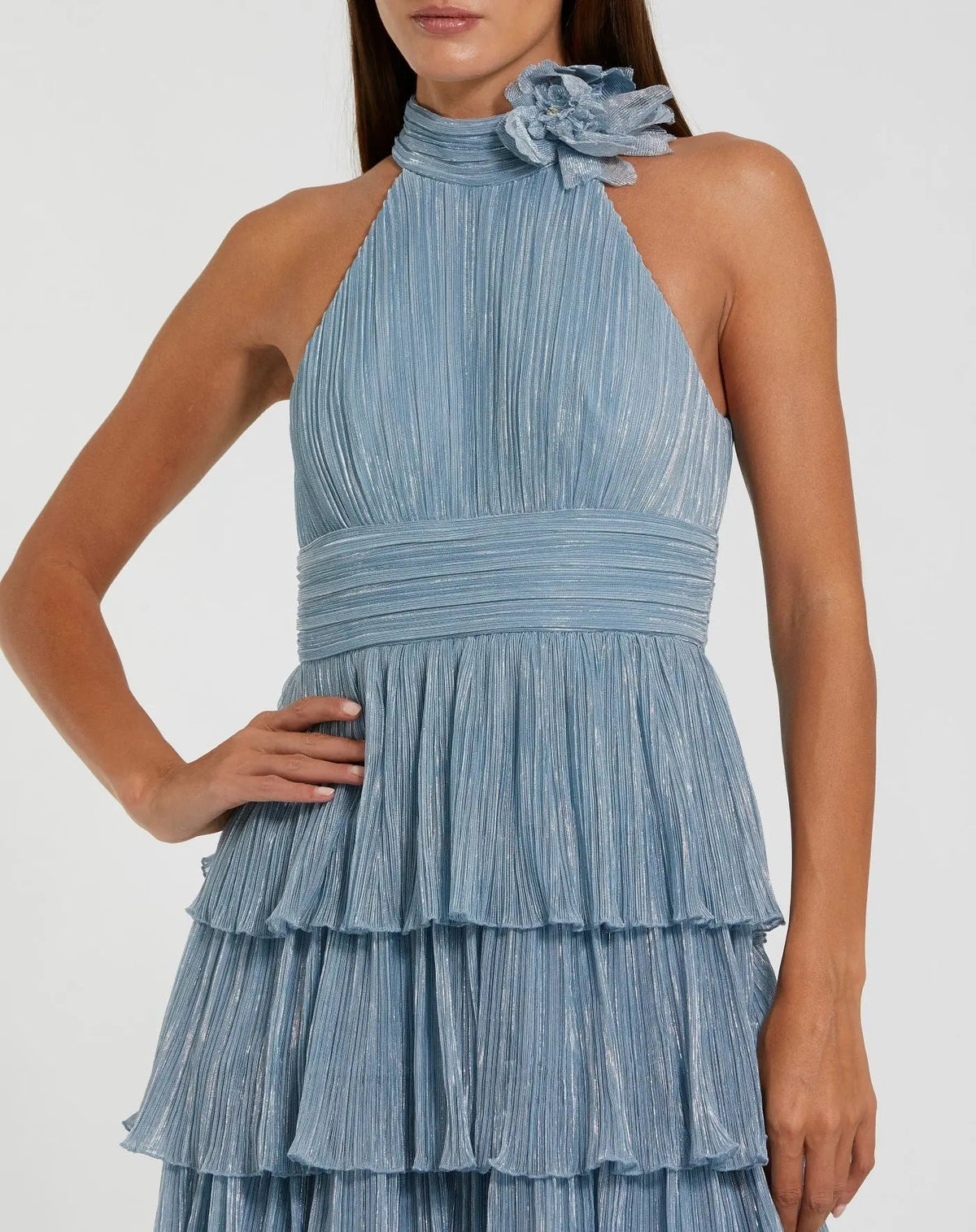 Blue Pleated Metallic Halter Neck Ruffle Gown With 3D Flower - Contemporary Collection