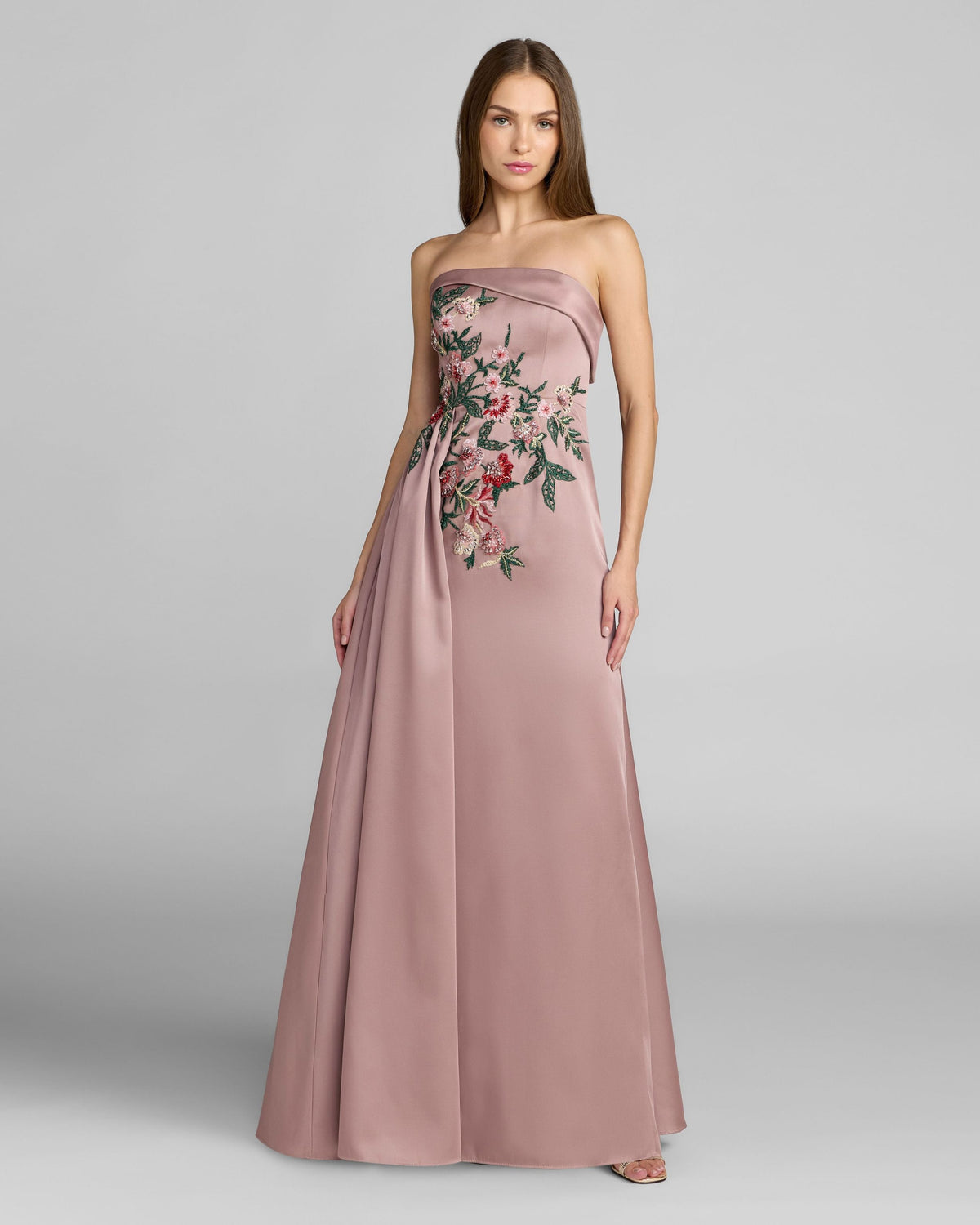 Purple Floral Embroidered Satin Strapless Gown Designer Collection
