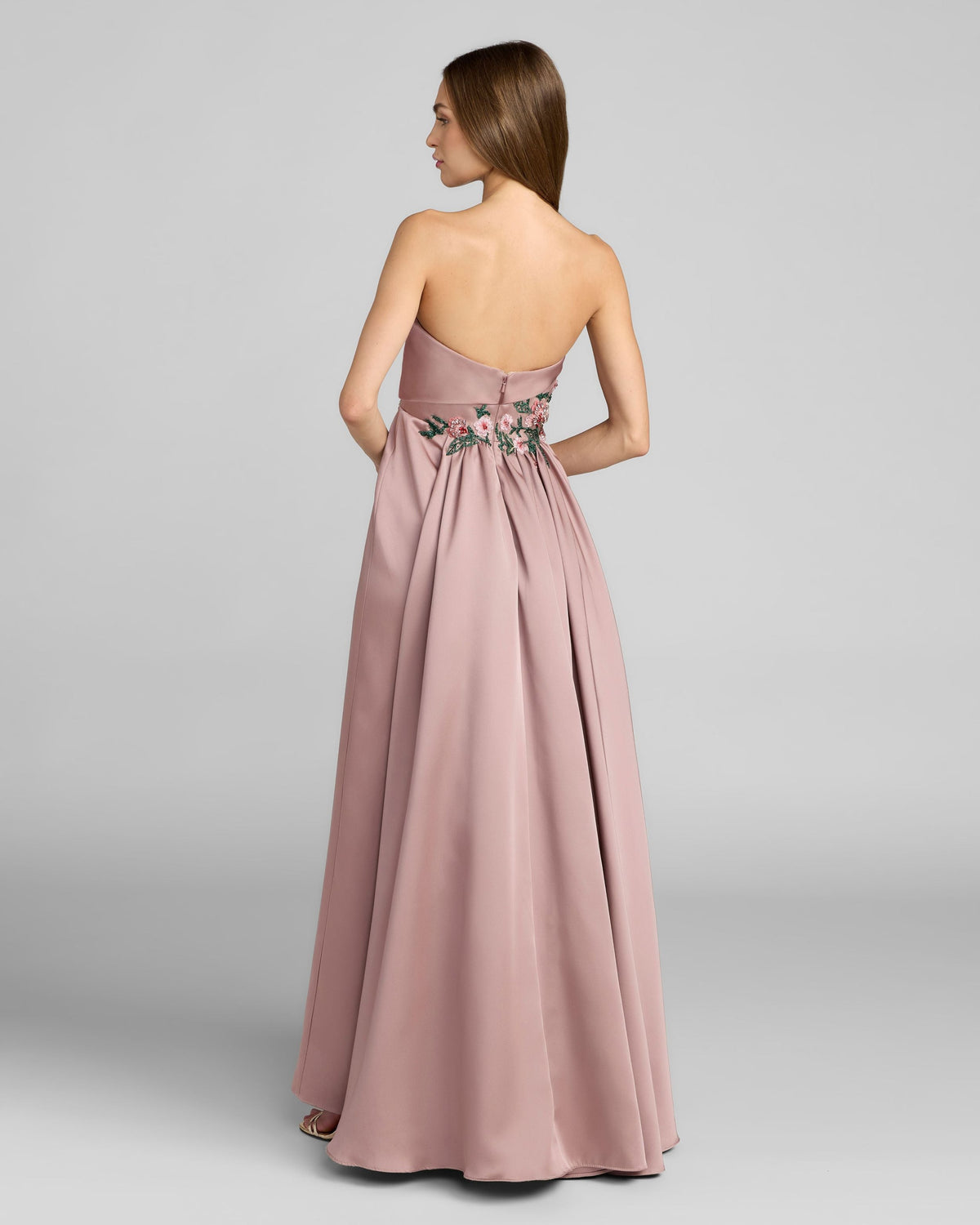 Purple Floral Embroidered Satin Strapless Gown Designer Collection