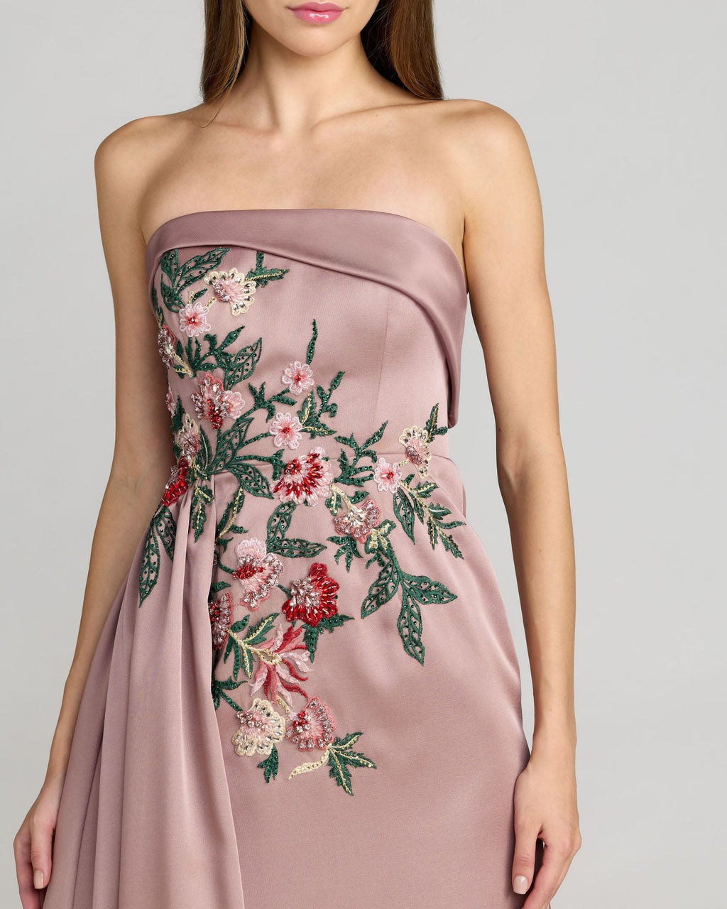 Purple Floral Embroidered Satin Strapless Gown Designer Collection