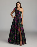 Black One Shoulder Brocade Floral Gown With Bow Designer Collection