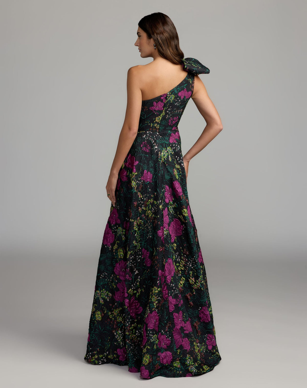 Black One Shoulder Brocade Floral Gown With Bow Designer Collection