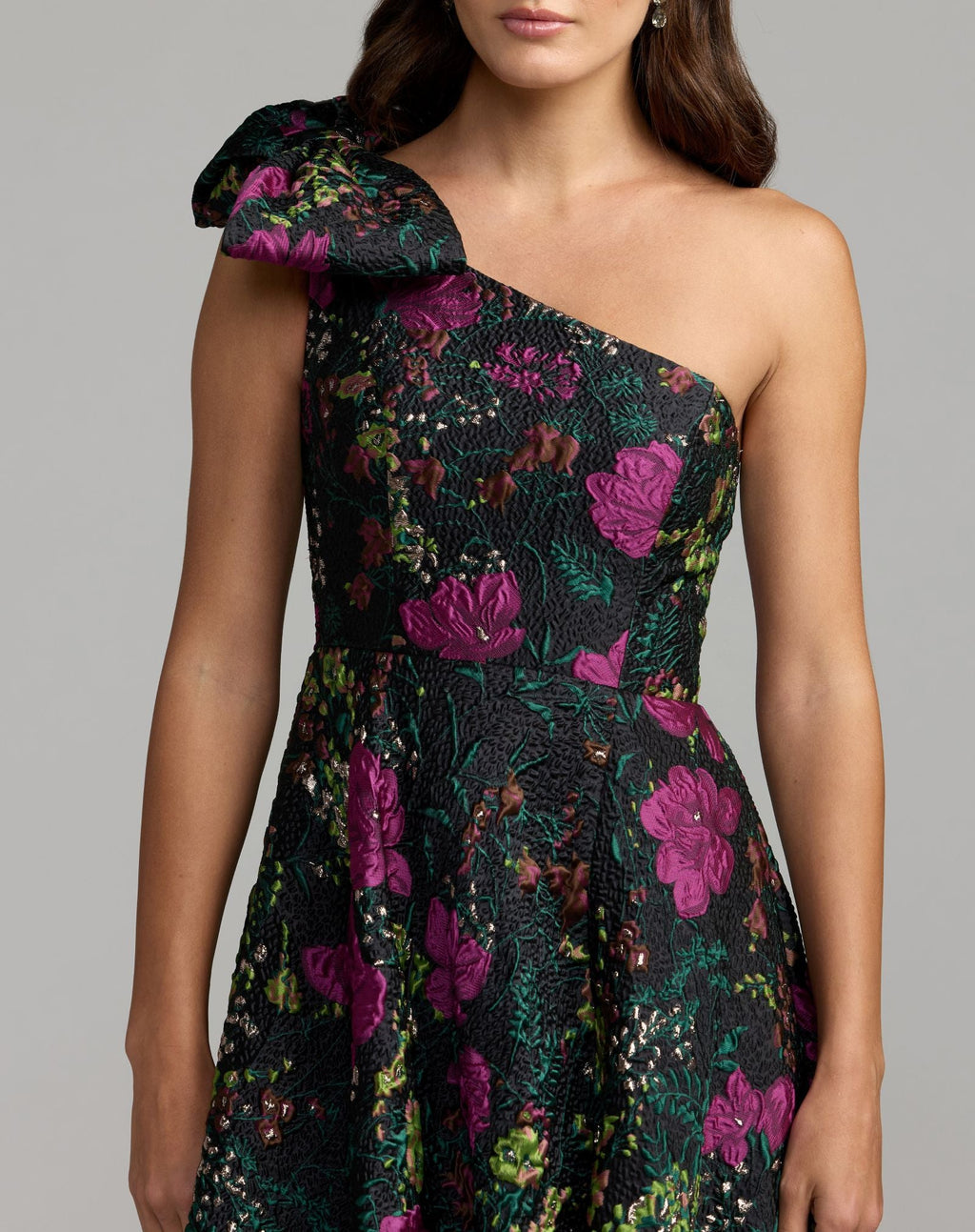 Black One Shoulder Brocade Floral Gown With Bow Designer Collection