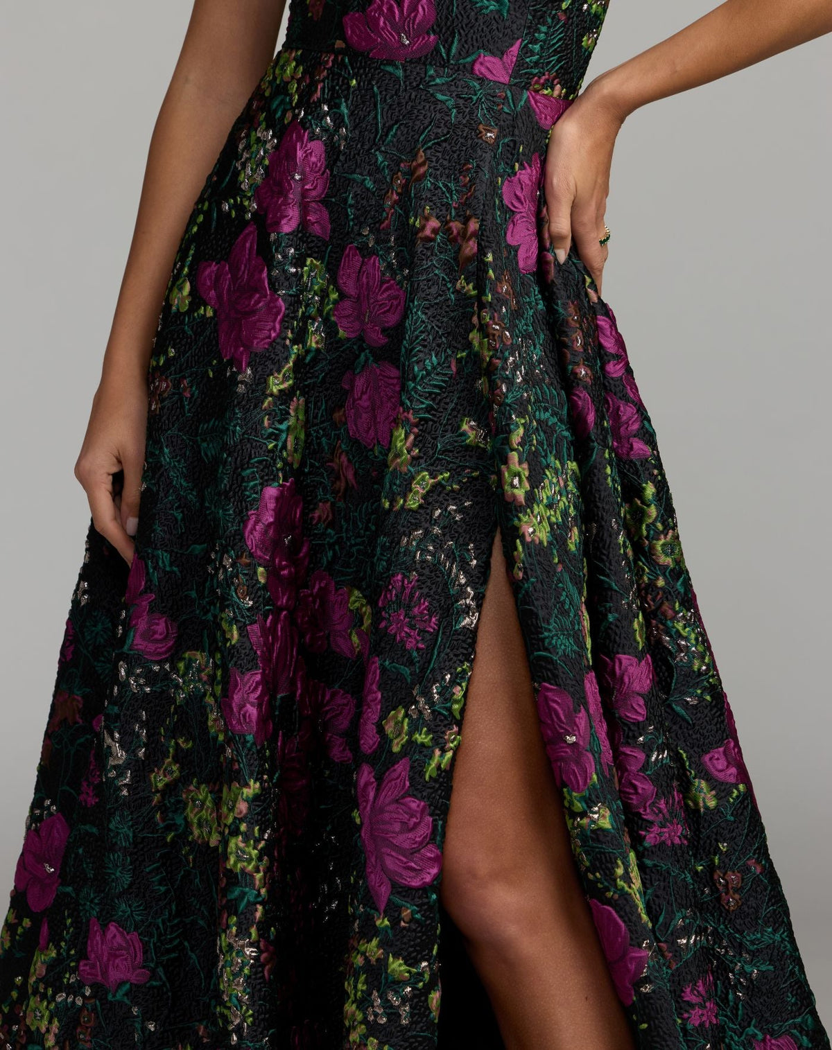 Black One Shoulder Brocade Floral Gown With Bow Designer Collection