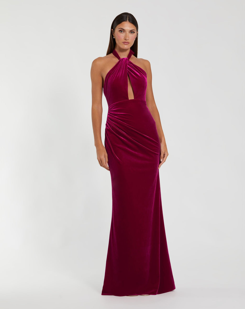 Berry Twist Neck Open Front Velvet Draped Gown - Contemporary Collection