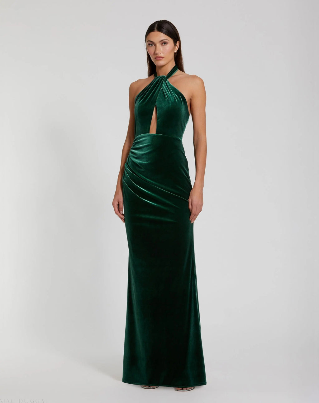 Green Twist Neck Open Front Velvet Draped Gown - Contemporary Collection