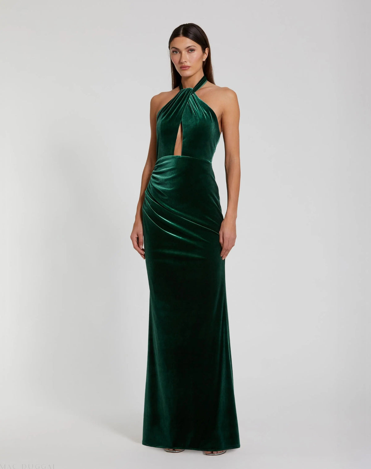 Green Twist Neck Open Front Velvet Draped Gown - Contemporary Collection