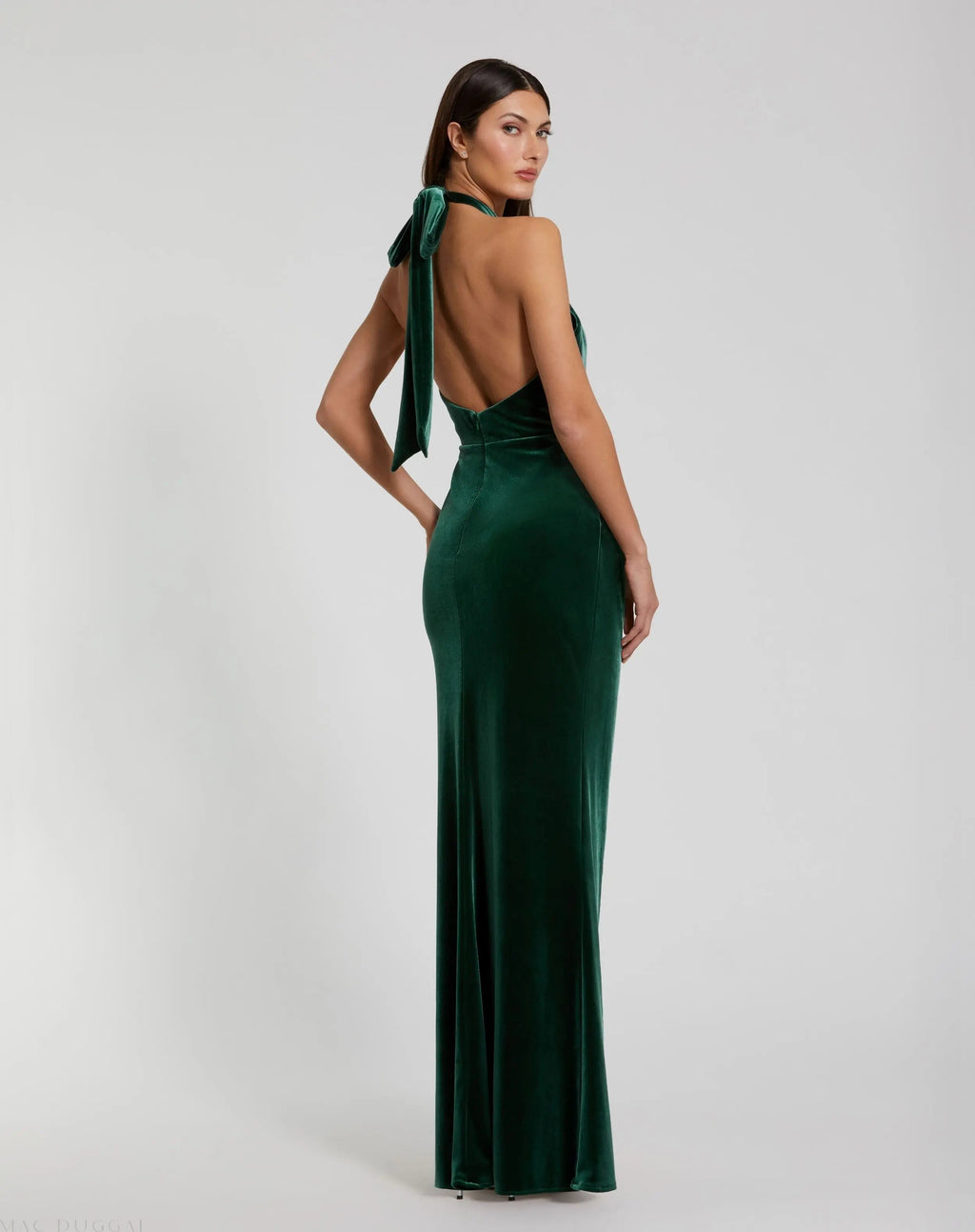 Green Twist Neck Open Front Velvet Draped Gown - Contemporary Collection