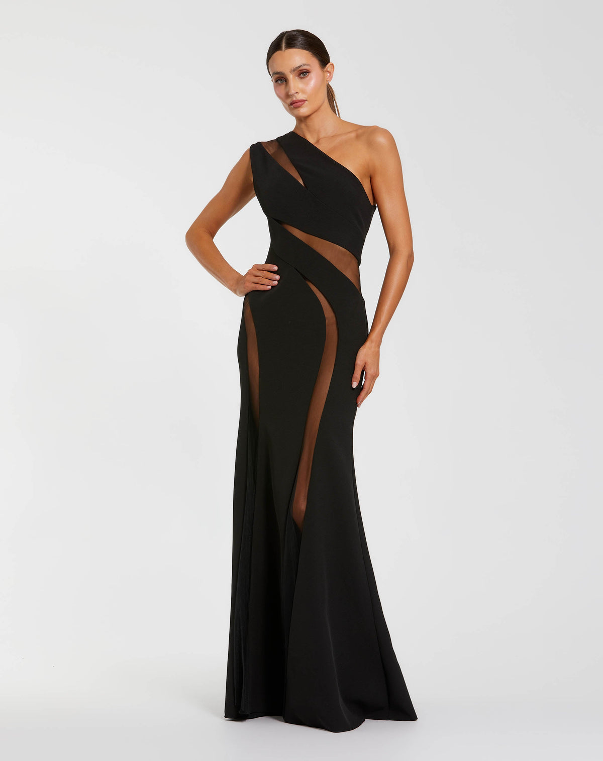 Black One Shoulder Crepe Illusion Cutout Gown Contemporary Collection