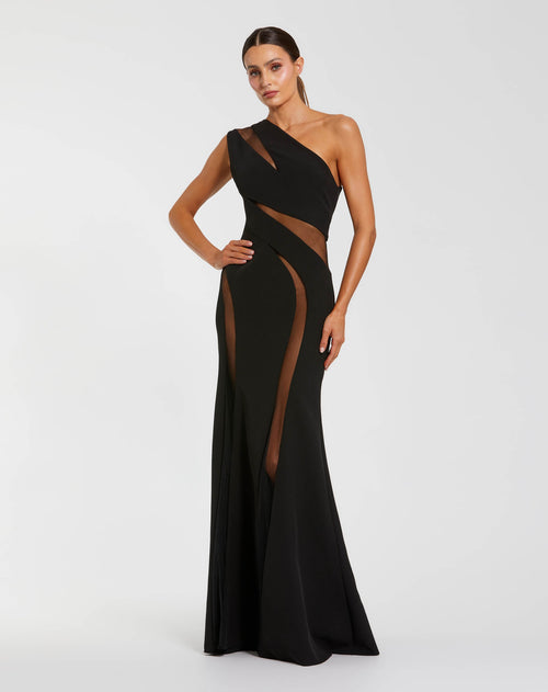 Black One Shoulder Crepe Illusion Cutout Gown Contemporary Collection