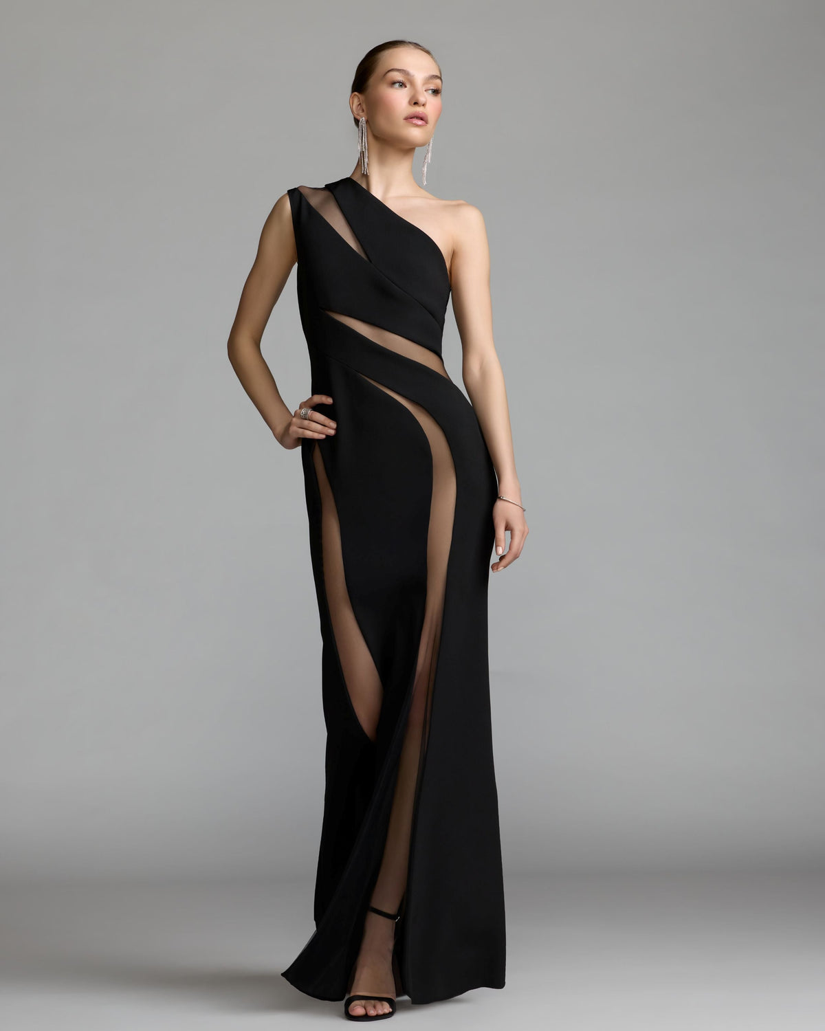Black One Shoulder Crepe Illusion Cutout Gown Contemporary Collection
