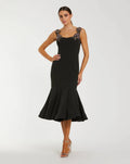 Black Sleeveless Midi Dress With Floral Embellishments Designer Collection
