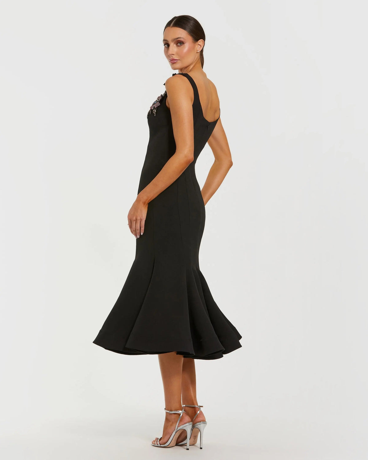 Black Sleeveless Midi Dress With Floral Embellishments Designer Collection