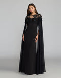 Black Floral Embellished Crepe Gown With Chiffon Cape - Designer Collection