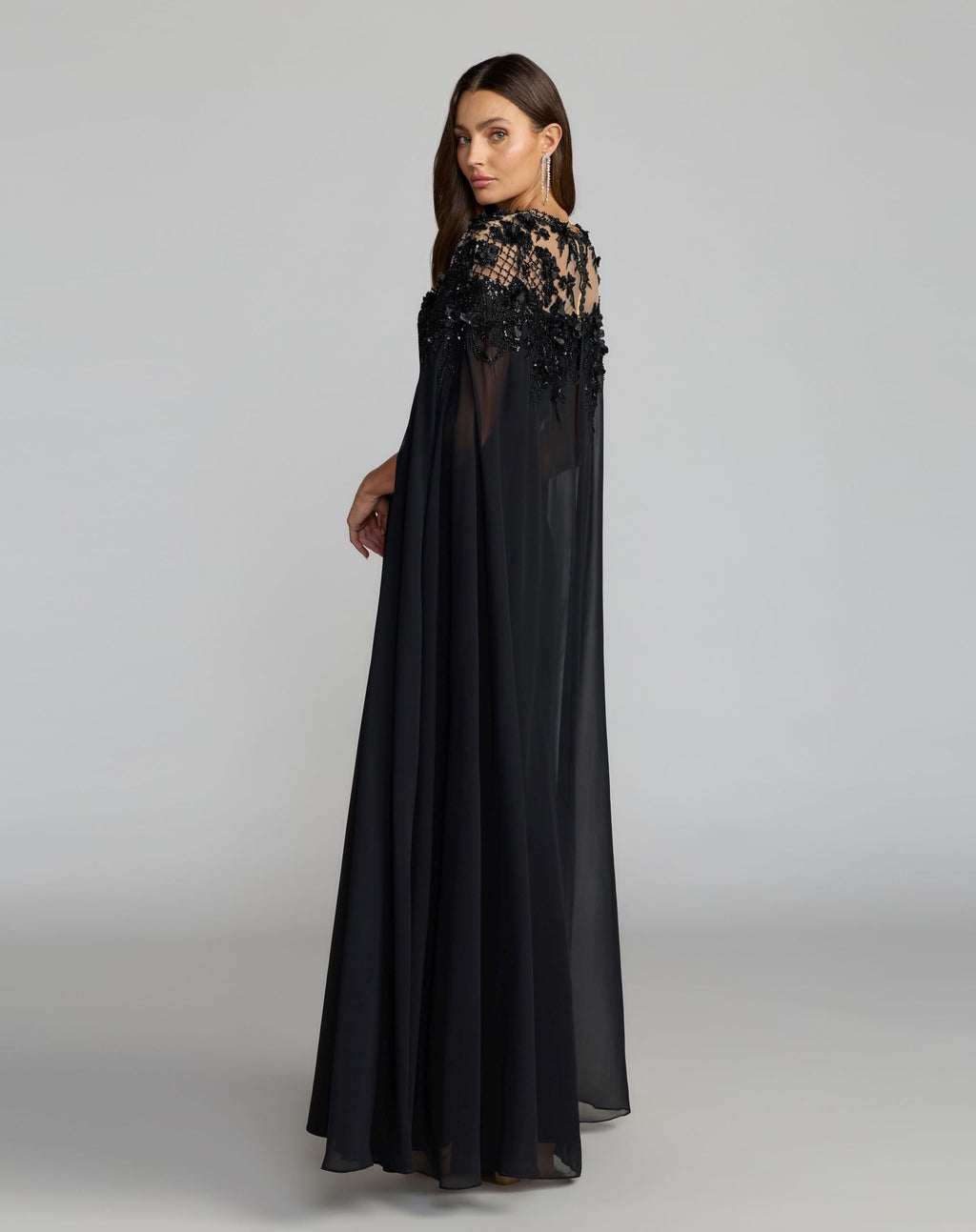 Black Floral Embellished Crepe Gown With Chiffon Cape - Designer Collection