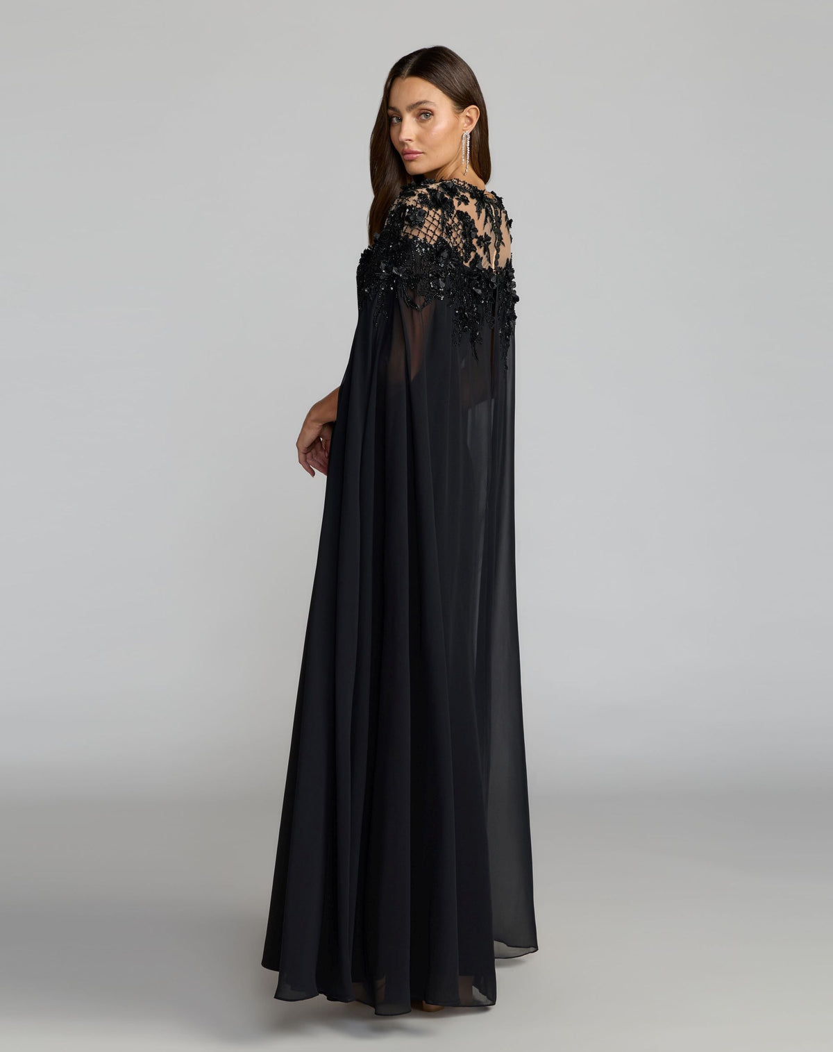 Black Floral Embellished Crepe Gown With Chiffon Cape - Designer Collection